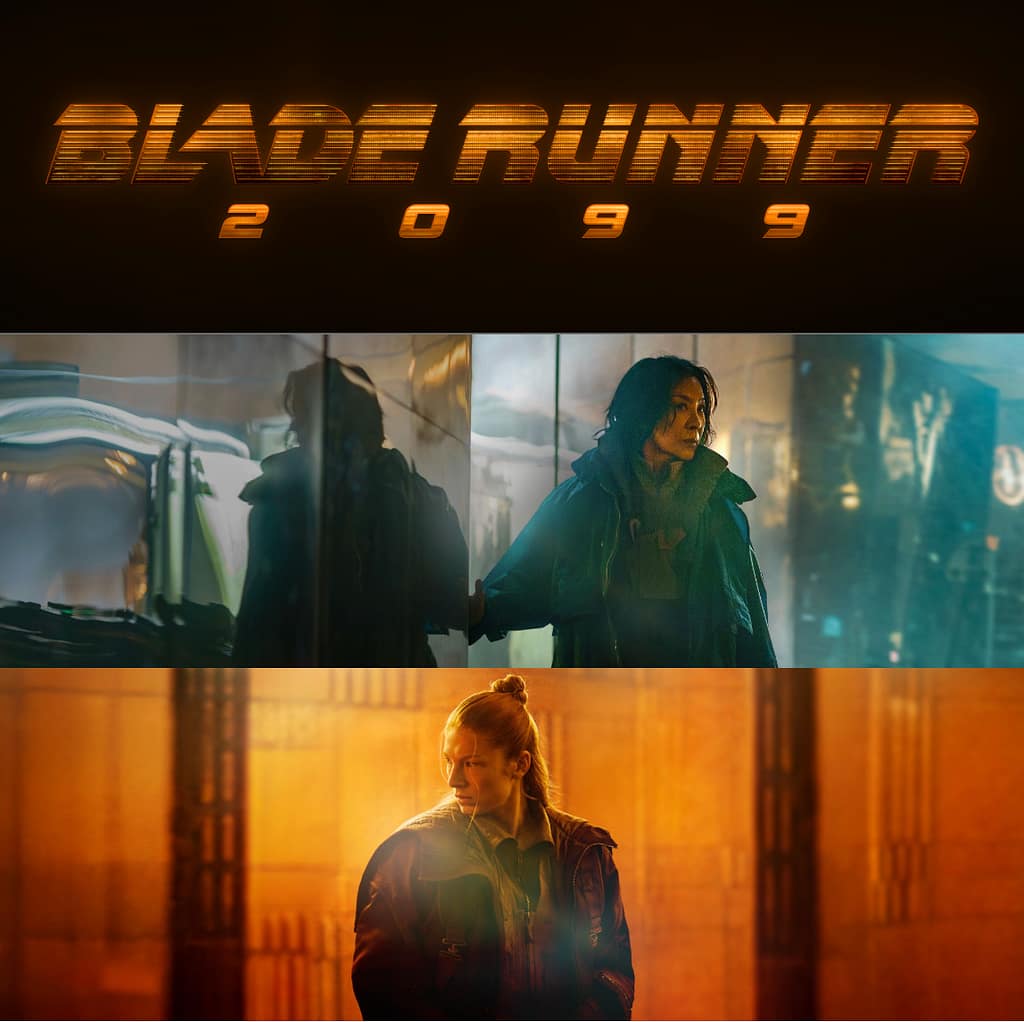 Título 'Blade Runner 2099' en un estilo futurista, con un fondo oscuro. En la parte superior, una mujer con abrigo en un entorno urbano neón. En la parte inferior, otra mujer con una expresión contemplativa en un ambiente iluminado por tonos cálidos.