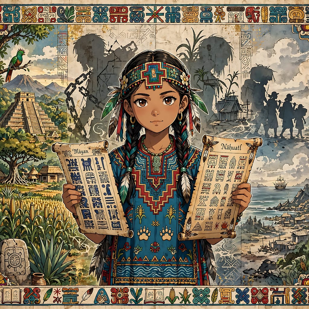 No eligió, sobrevivió Inteligencia como arma: náhuatl y maya en dos códices, entre dos mundos. Las sombras detrás son las tres veces convertida en objeto antes de los 15. No era ciudadana de una nación que no existía, era desarraigada usando la traducción para no ser aplastada.