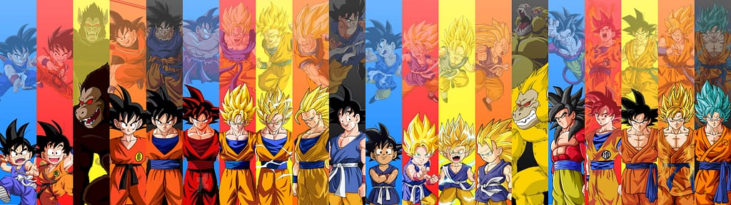 Collage de personajes de Dragon Ball, mostrando diferentes transformaciones de Goku y otros personajes en varios colores de fondo.
