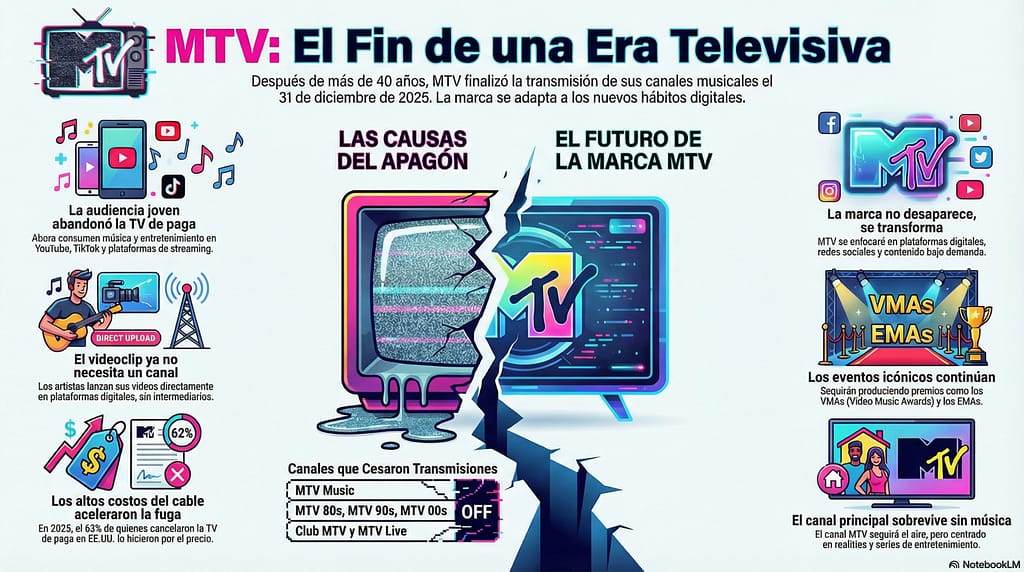 Infografía sobre el final de MTV como canal de televisión, destacando las razones del apagón, el futuro de la marca y cómo se adapta a nuevas plataformas digitales.