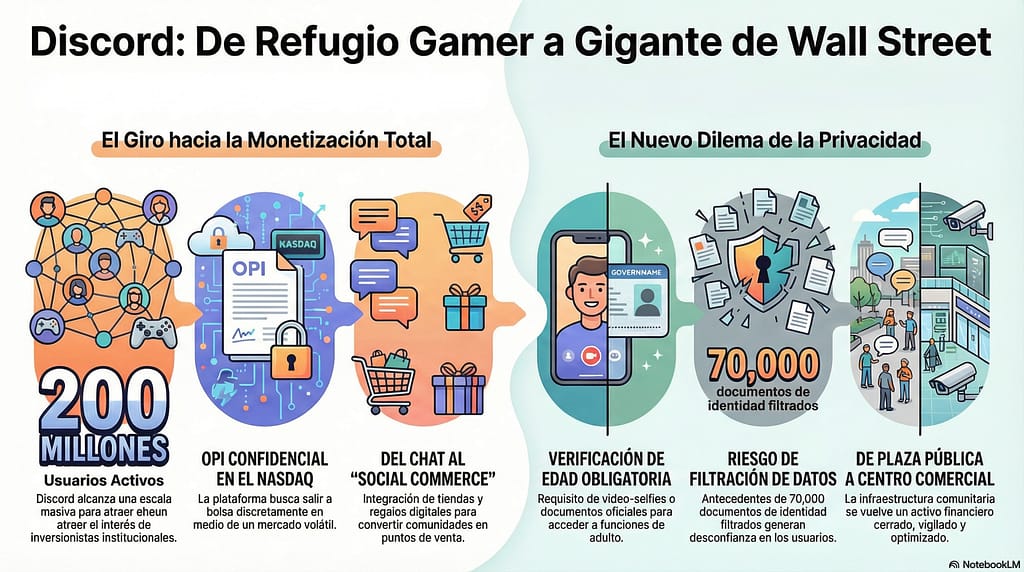 Infografía sobre el cambio de Discord de plataforma gamer a gigante financiero, destacando 200 millones de usuarios activos, OPI en Nasdaq, verificación de edad, riesgos de filtración de datos y el dilema de la privacidad.