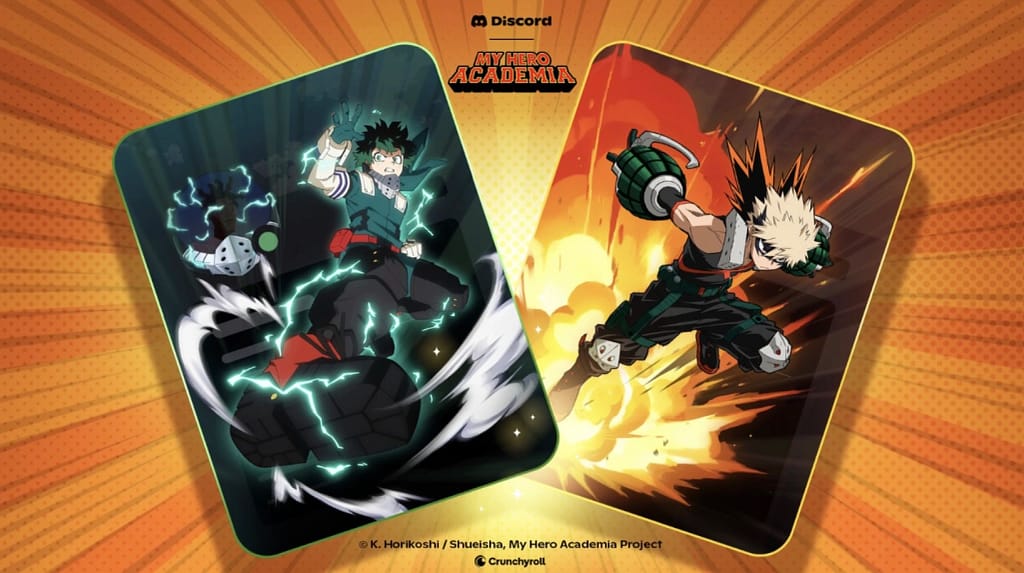 Imágenes de personajes de _My Hero Academia_ mostrando sus poderes únicos, con fondo colorido y enérgico. Incluye a Deku y Bakugo en acción.