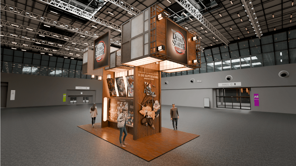 Vista del booth de Crunchyroll en CCXPMX25, con diseño temático de Demon Slayer y detalles interactivos, en un espacioso recinto con asistentes.
