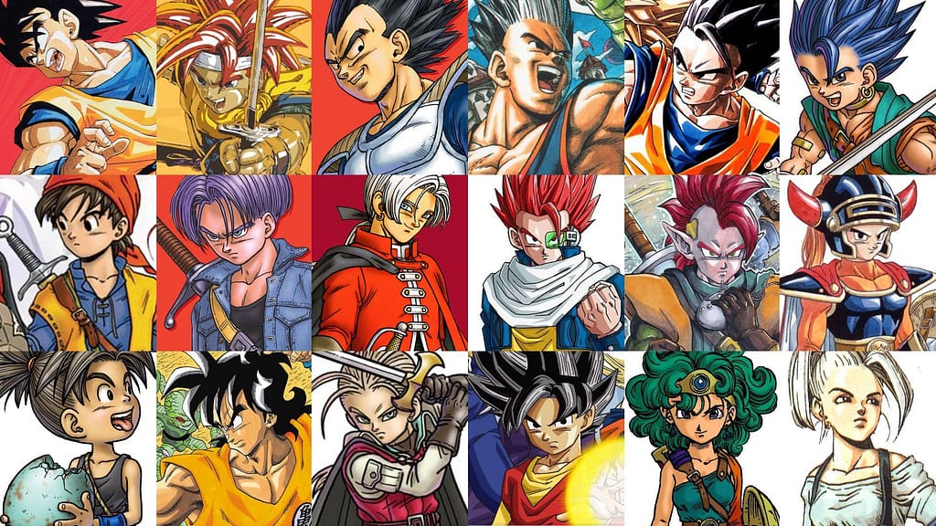 Collage de personajes de anime en un fondo colorido, incluyendo guerreros y aventureros de varias series populares.