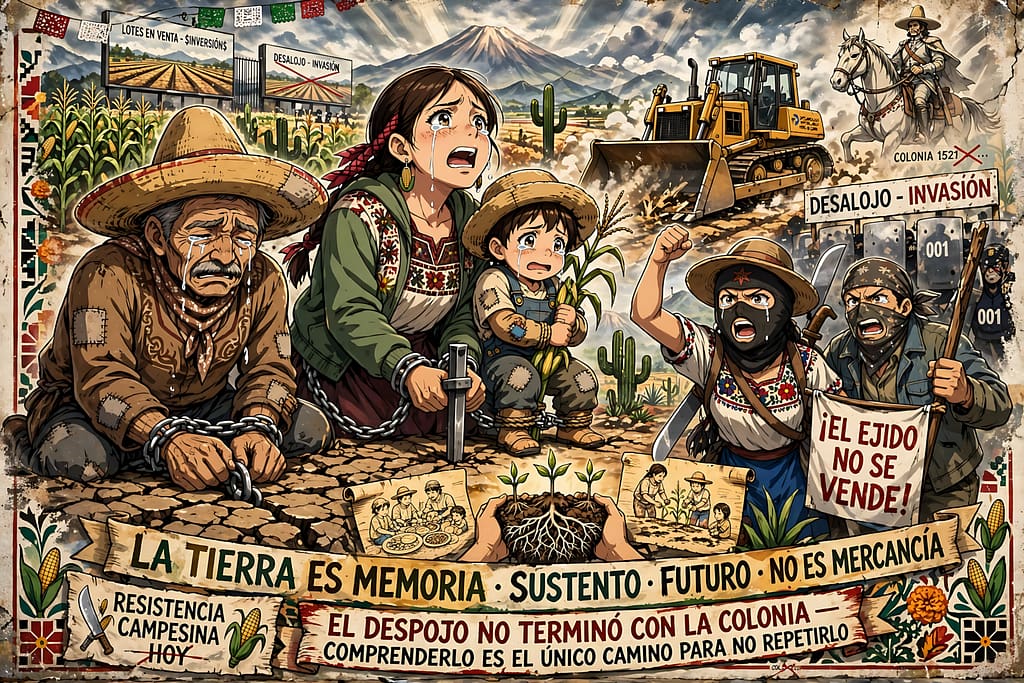 ¿Por qué duele como si fuera ayer? Porque lo es. Lotes en venta, desalojo-invasión, bulldozer sobre milpa. Gente encadenada a la tierra, llora, muere. Abajo manos con tierra y raíces: MEMORIA - SUSTENTO - FUTURO - NO ES MERCANCÍA. EL EJIDO NO SE VENDE. Entender que no terminó con Colonia es única forma de no repetirlo.
