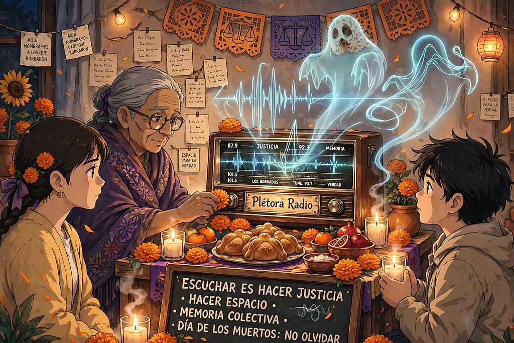 Escuchar es hacer justicia En Plétora Radio sintonizamos otra frecuencia: 87.9 JUSTICIA, 92.3 MEMORIA, 93.7 VERDAD. Ofrenda con pan, cempasúchil, velas. Fantasmas como ondas de radio que no supimos escuchar. Nombrar lo borrado, hacer espacio para lo desterrado. La historia no se archiva: se resuelve.