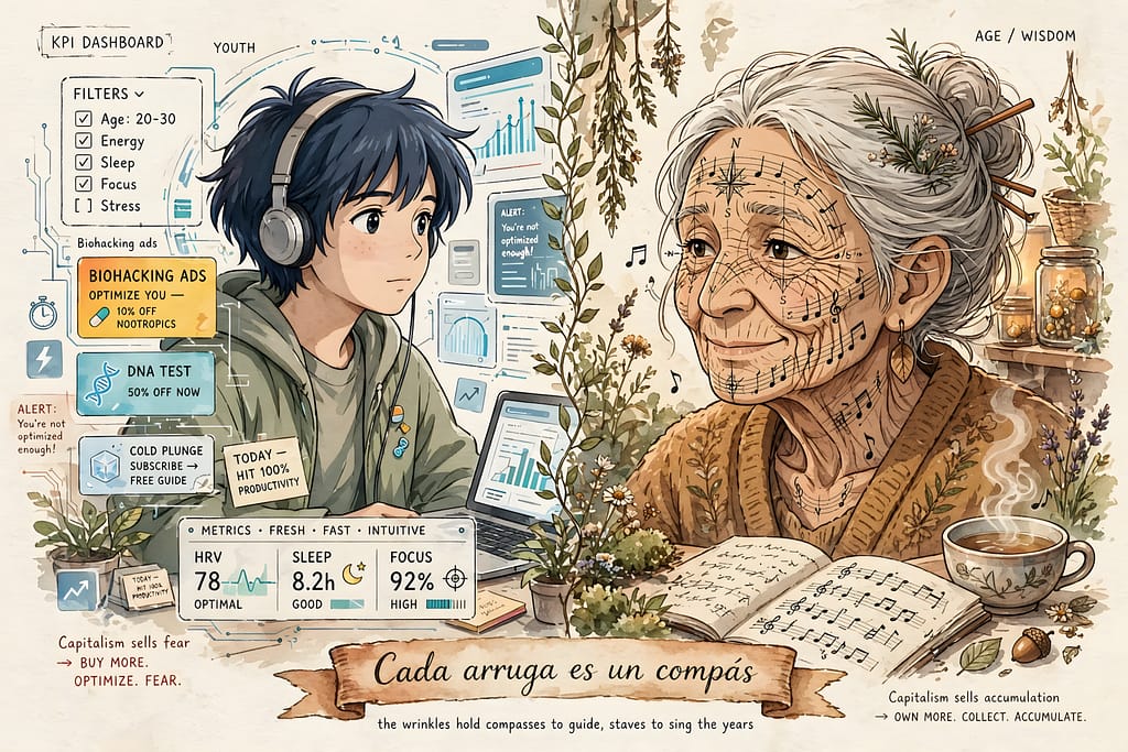 Juventud como KPI vs vejez como acumulación El capitalismo mide juventud como "fresco, rápido, intuitivo". La vejez la marca como obsoleta. Pero cada arruga es un compás, cada cana un verso.