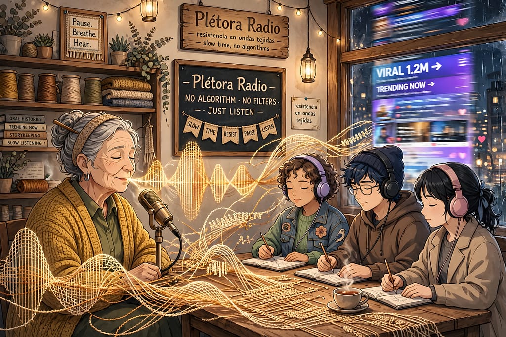 El sonido como herramienta de resistencia El podcast como trinchera: escucha sin prisa, voz mayor reverberando como tejido. Afuera el scroll viral de 1.2M, adentro pausa, respiración y memoria activa. Plétora Radio.