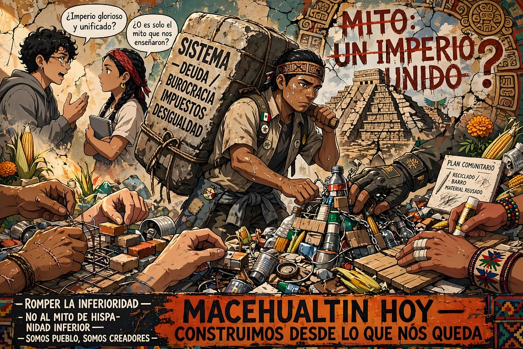 Amar sin mitificar El presente sigue igual: los de abajo cargan "SISTEMA - DEUDA / BUROCRACIA / IMPUESTOS / DESIGUALDAD" como los macehualtin. Amar a los mexicas no es creer en imperio unificado glorioso, es verlos humanos: creadores que construyeron desde lo que quedaba, con luces y sombras. Ahí se rompe la hispanidad que nos dice que valemos poco.