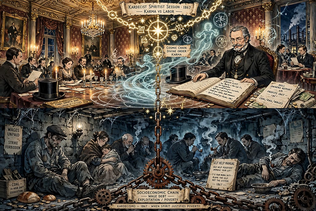 Siglo XIX – justifica desigualdad Kardecismo 1867: burgués cuenta ganancias molino mientras obrero sótano miseria. Manual dice: tu pobreza no explotación, es pecado vida pasada. Lucha clases disuelta en contabilidad kármica. Cadena cósmica santifica cadena socioeconómica.