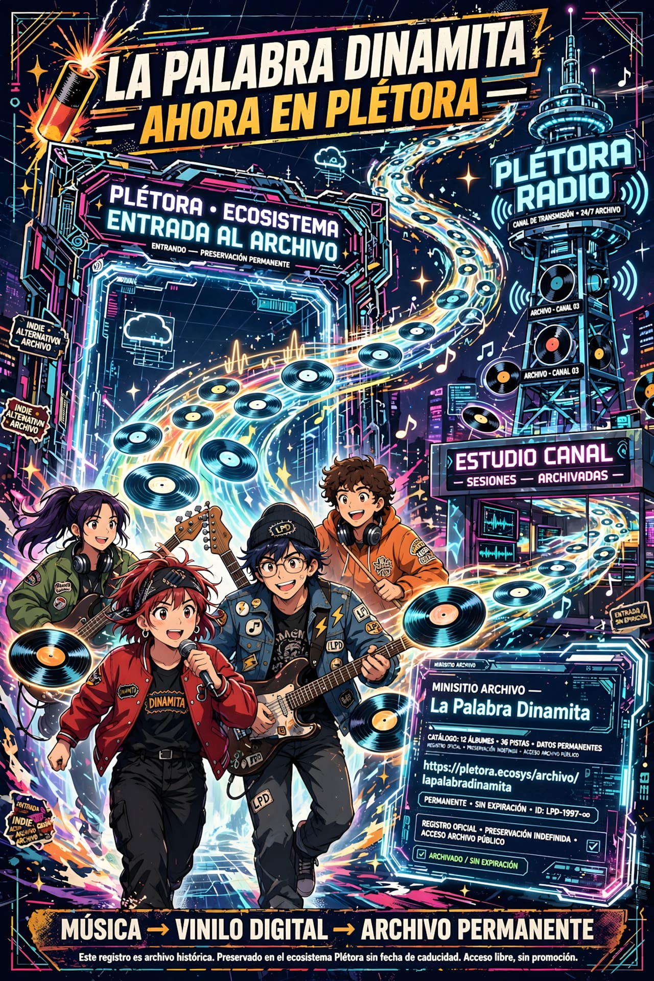 Primer Socius: La Palabra Dinamita ya dentro
Intercambio simple: ellos ceden música, nosotros integramos a Plétora Radio + canal Studio + minisitio permanente con URL propia. No pedimos derechos, solo valor. No es promoción, es archivo sin caducidad.