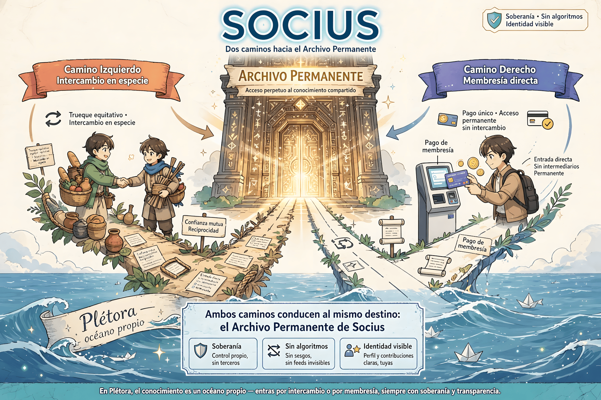 Dos caminos, mismo archivo permanente
Izquierda: trueque equitativo, confianza mutua. Derecha: membresía directa, pago único y entras sin intercambio. Ambos llegan a la misma puerta dorada: Archivo Permanente. Soberanía, sin algoritmos, identidad visible. Plétora, océano propio.