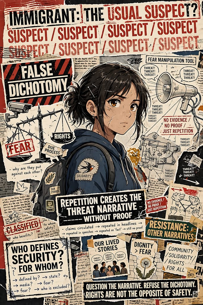 El sospechoso habitual IMMIGRANT: THE USUAL SUSPECT? SUSPECT x7. FALSE DICHOTOMY: FEAR vs RIGHTS, DUE PROCESS. THREAT! THREAT! pero "NO EVIDENCE / NO PROOF / JUST REPETITION". ¿WHO DEFINES SECURITY? FOR WHOM? defined by? state? media? fear? Repetición crea amenaza sin pruebas. El inmigrante no necesita pruebas, solo repetición.