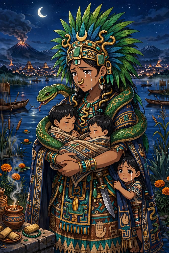 Antes de Malinche, diosa No traidora. Cihuacóatl mujer serpiente, tierra parto muerte. Llora antes caída Tenochtitlán, profecía no maldición. Conquista convierte diosa en fantasma, profetisa en madre culpable. Operación borramiento.