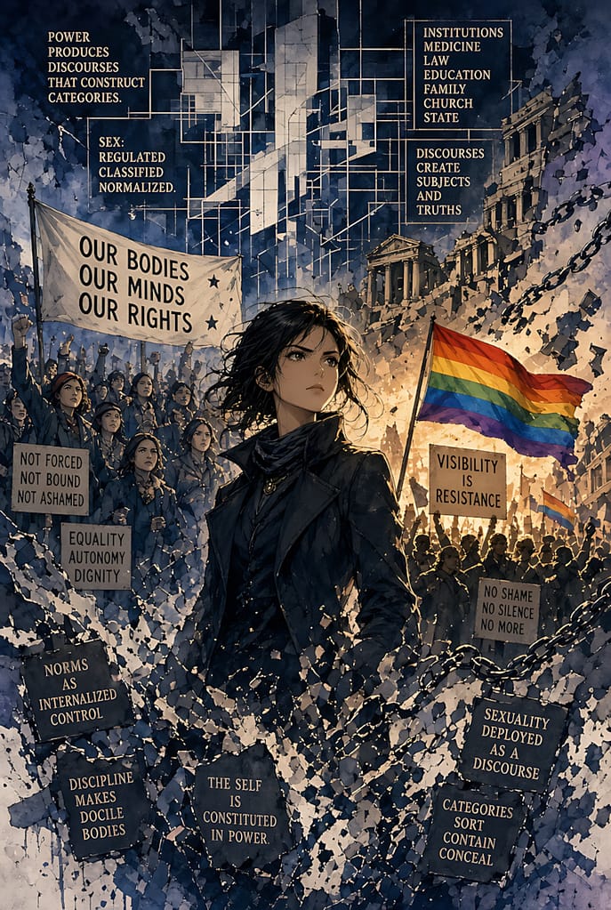 La sexualidad como terreno regulado y disputado Normas, instituciones y mercados definen qué deseos son visibles. La resistencia nace al intentar definir el propio cuerpo fuera de esas categorías.
