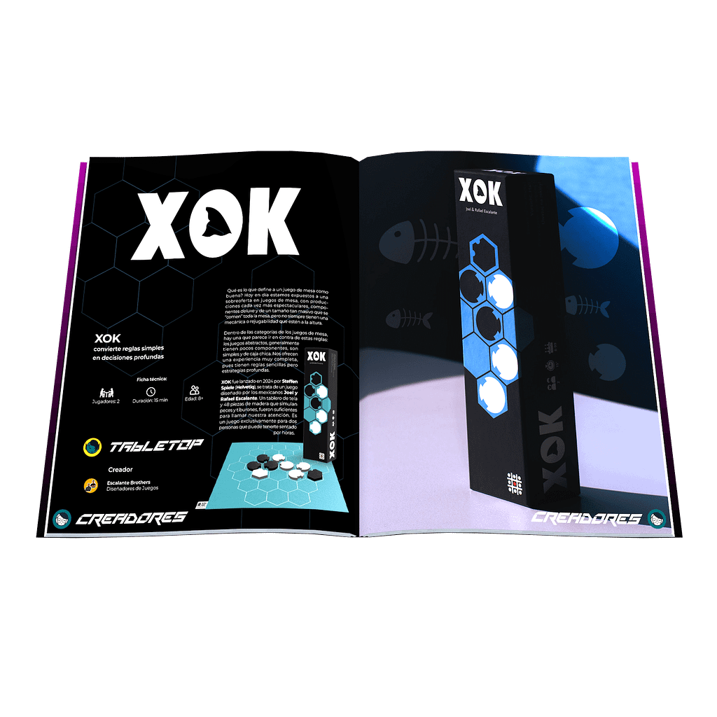Imagen de un folleto abierto mostrando el juego de mesa 'XOK', con detalles visuales del diseño, reglas y duración del juego.