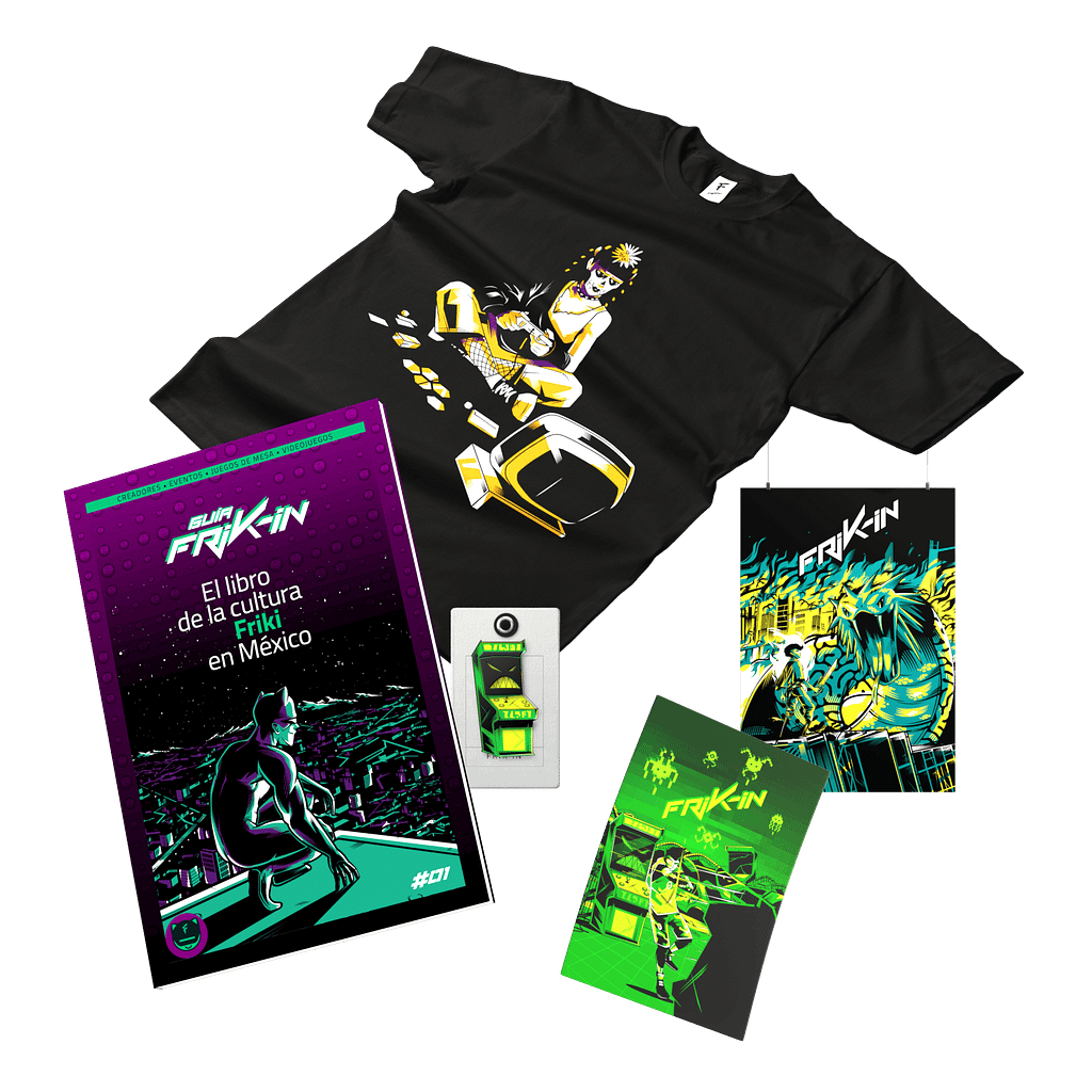 Un conjunto de productos de cultura friki que incluye una camiseta negra con un diseño colorido, un libro titulado 'El libro de la cultura Friki en México', un llavero, y dos postales con ilustraciones temáticas.