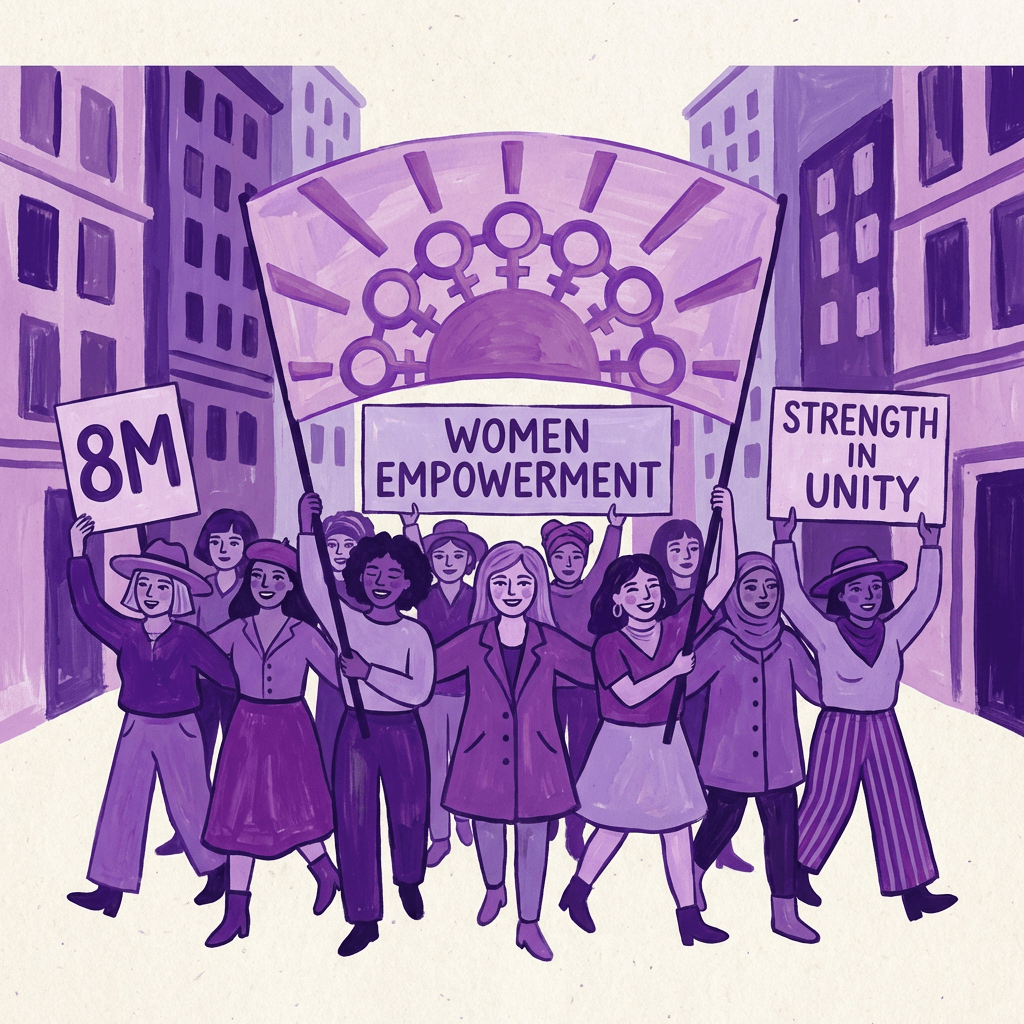 Diverse women marching with signs reading 8M, WOMEN EMPOWERMENT, and STRENGTH IN UNITY.