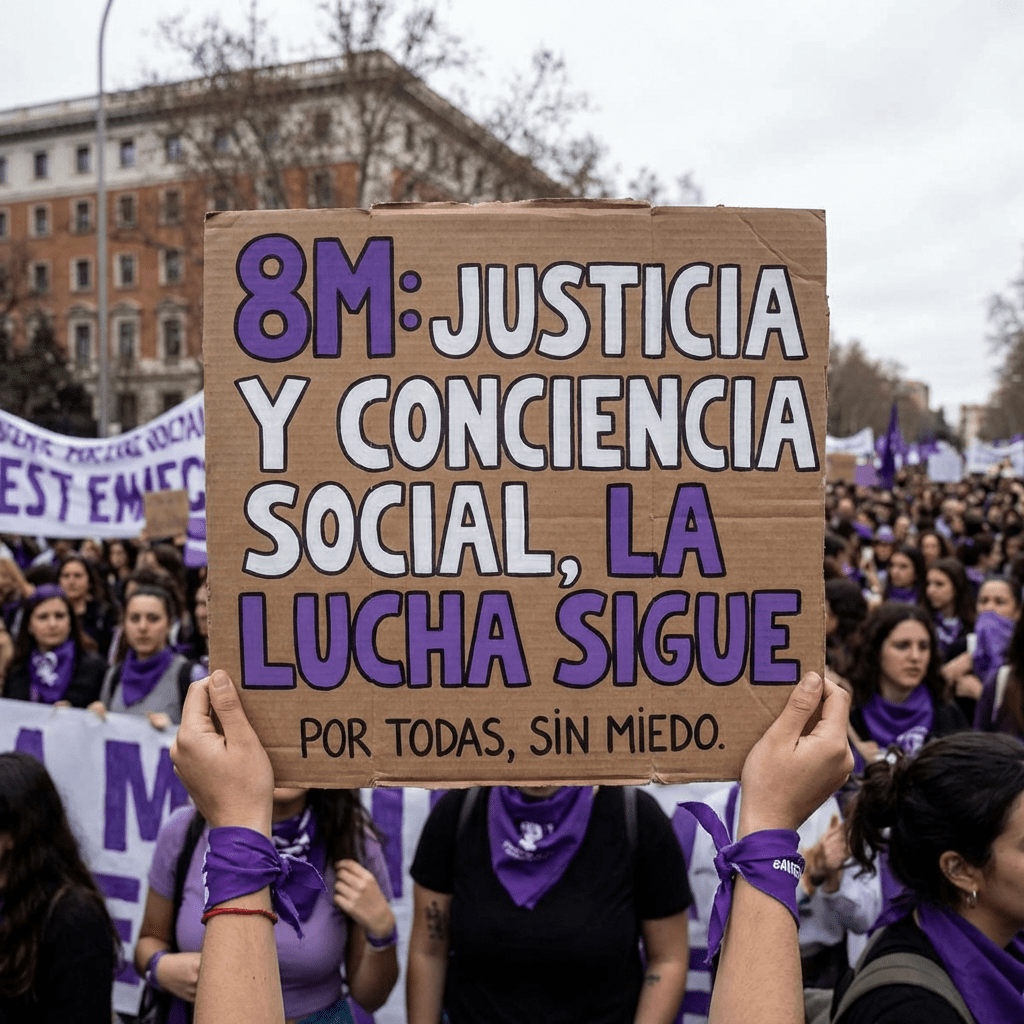 Cardboard sign held at a protest reading: 8M: JUSTICIA Y CONCIENCIA SOCIAL, LA LUCHA SIGUE POR TODAS, SIN MIEDO.