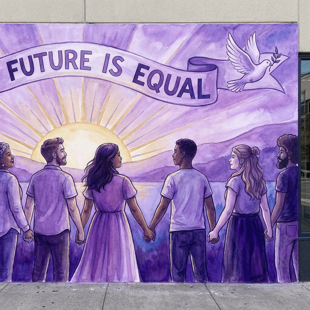 Mural of diverse people holding hands under a banner reading "FUTURE IS EQUAL."