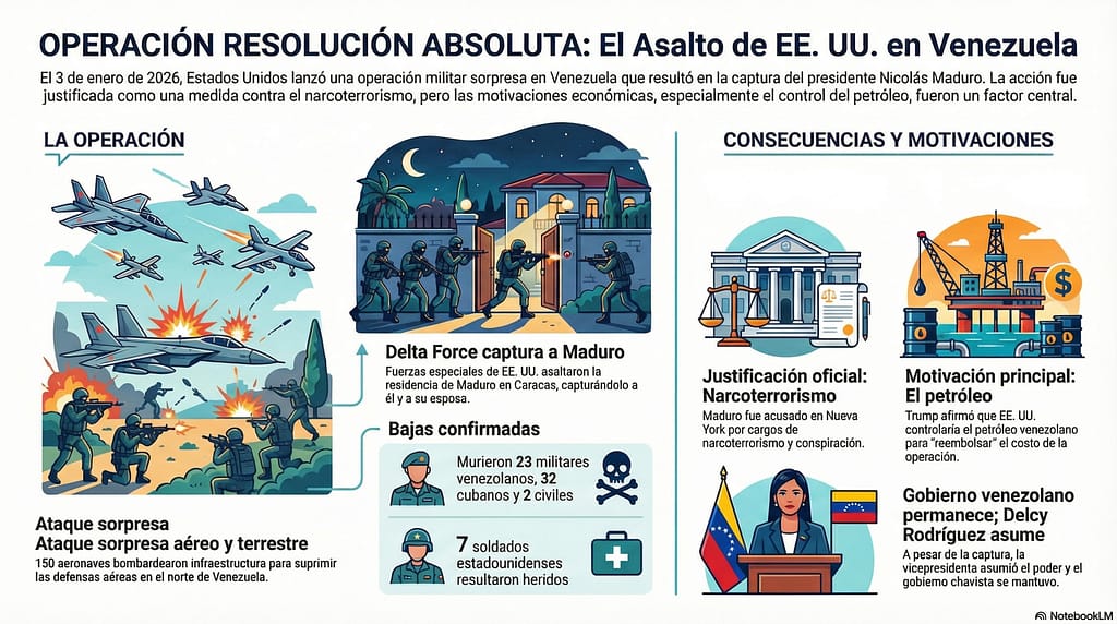 Infografía sobre la operación militar de Estados Unidos en Venezuela el 3 de enero de 2026, destacando la captura del presidente Nicolás Maduro por la Delta Force, con detalles sobre el ataque sorpresa aéreo y terrestre, bajas confirmadas, y las motivaciones económicas detrás de la acción.