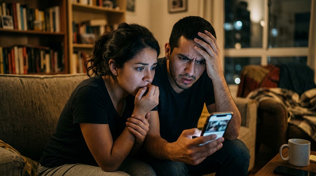 Couple on couch looking worried while viewing smartphone screen