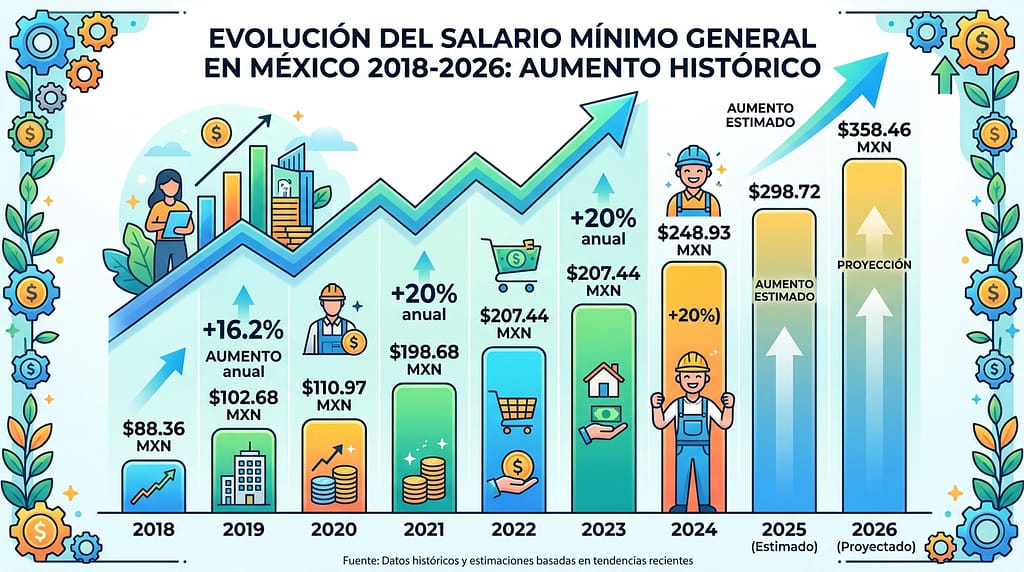 Minimum wage growth in Mexico from 88.36 MXN in 2018 to projected 358.46 MXN in 2026 with annual percentage increases.