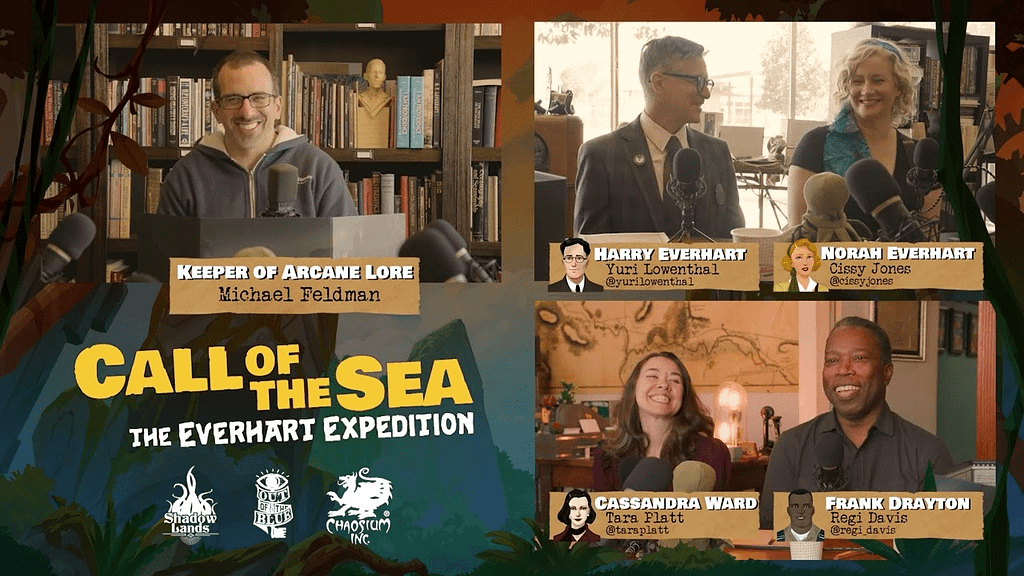 Reunión de los actores del videojuego 'Call of the Sea' durante una sesión de rol, mostrando a Michael Feldman como el Keeper, junto a los personajes Harry Everhart, Norah Everhart, Cassandra Ward y Frank Drayton, en un entorno creativo.
