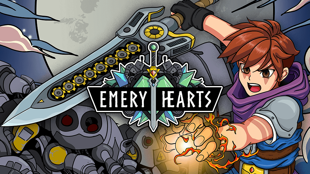 Ilustración de un personaje de videojuego sujetando una espada espectacular, rodeado de enemigos robotizados, con el logo "EMERY HEARTS" en el centro.
