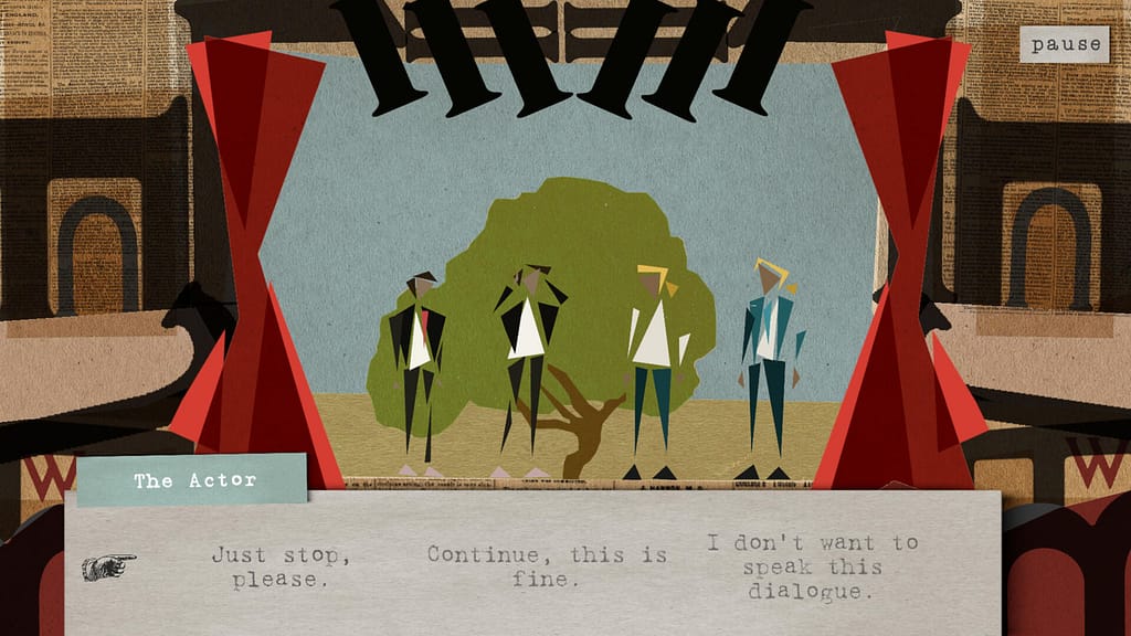 Escena de un teatro con personajes en el escenario, decoraciones rojas y un árbol en el fondo. El texto incluye diálogos que indican una discusión sobre el guion.
