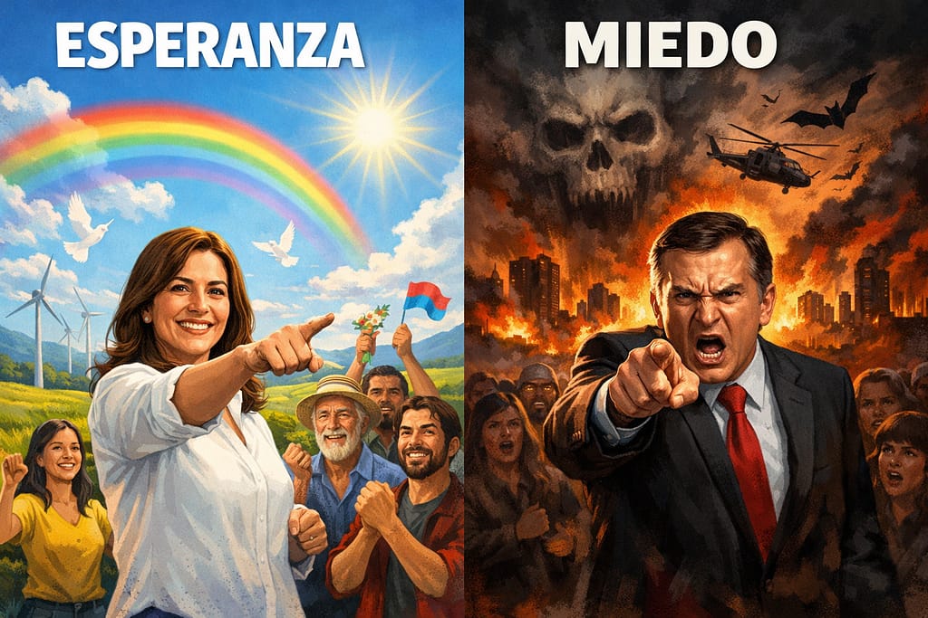 Two contrasting scenes labeled Esperanza and Miedo showing hopeful people with rainbow and sunny sky on left and angry man with fiery background and skull in sky on right