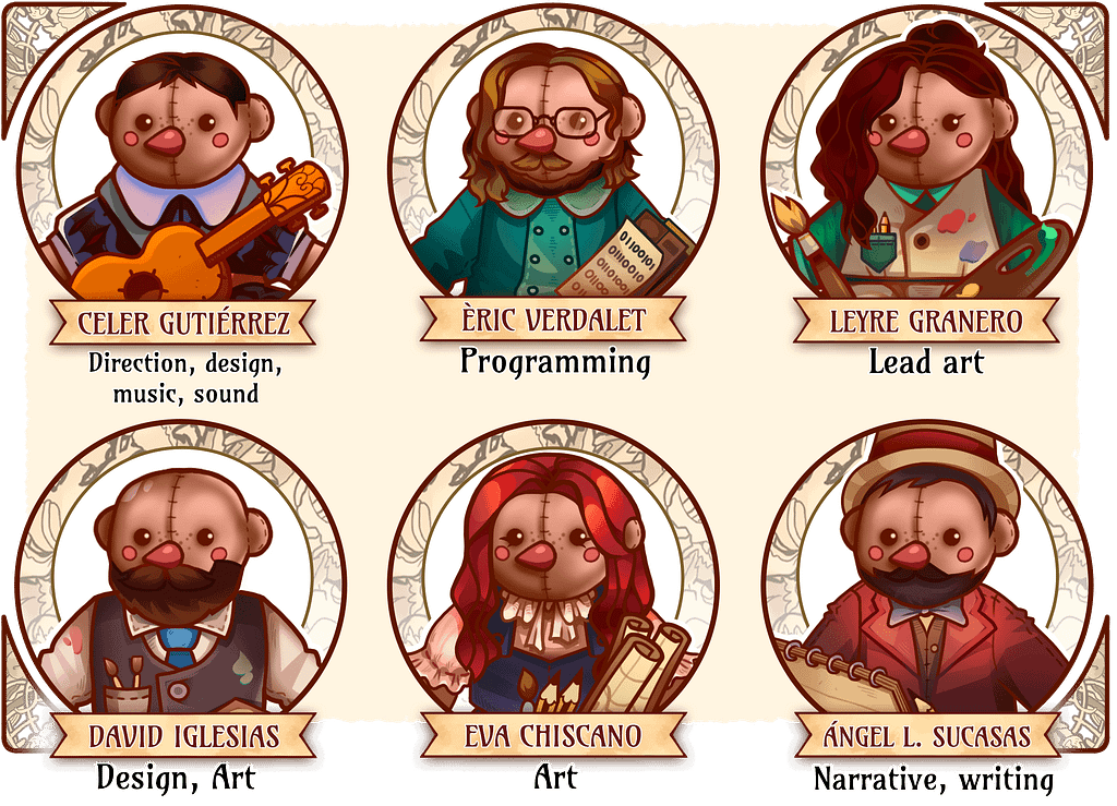 Imágenes de seis personajes con características únicas, cada uno representando diferentes roles en un proyecto creativo. Celer Gutiérrez dirige y diseña, Éric Verdalet se encarga de la programación, Leyre Granero es responsable del arte principal, David Iglesias aporta diseño y arte, Eva Chiscano se ocupa del arte, y Ángel L. Sucasas se encarga de la narrativa y escritura.