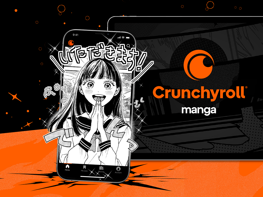 Una ilustración de una joven emocionada con las manos juntas, rodeada de un fondo oscuro y brillante con el logo de Crunchyroll Manga en color naranja.
