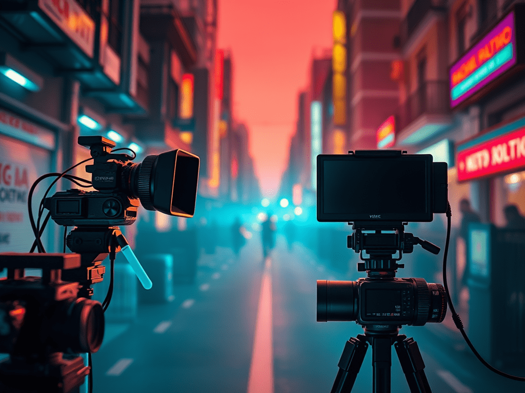 Cámaras de video en un ambiente urbano al atardecer, con luces de neón en el fondo.