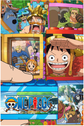 Collage de personajes de One Piece con Luffy al frente, sosteniendo una figura de acción, rodeado de sus amigos como Nami y Chopper.