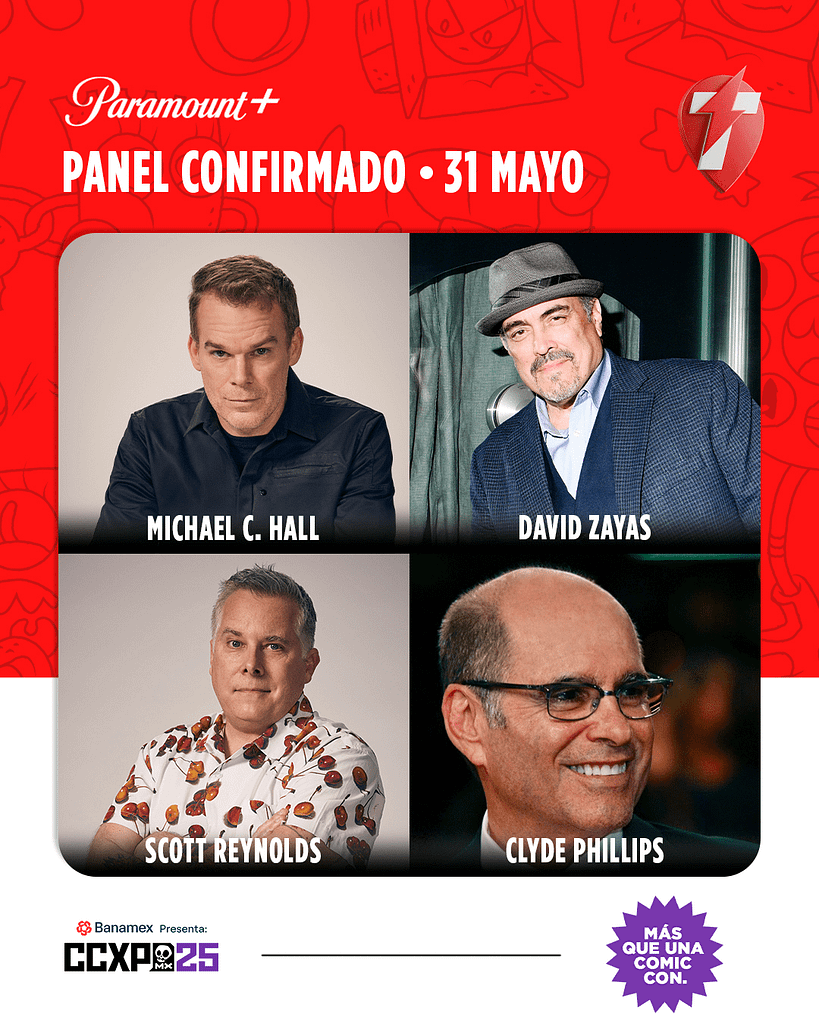Panel de Dexter Resurrection en CCXP25 con Michael C. Hall, David Zayas, Scott Reynolds y Clyde Phillips, todos reunidos en un fondo rojo y con el logo de Paramount+.