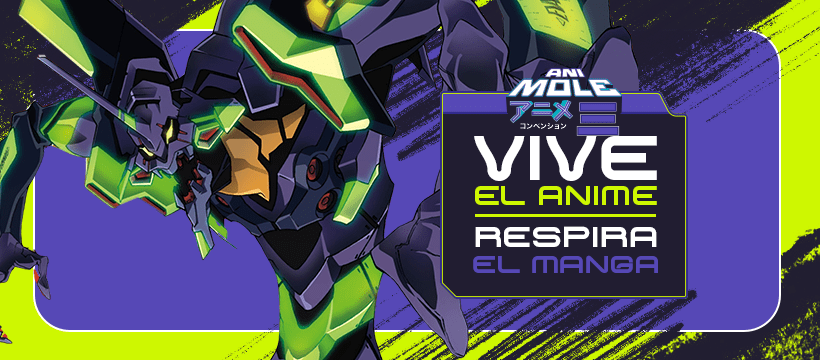 Logo de AniMole 3 que destaca la frase 'VIVE EL ANIME, RESPIRA EL MANGA', acompañado de una ilustración de un mecha en tonos verdes y grises sobre un fondo colorido.