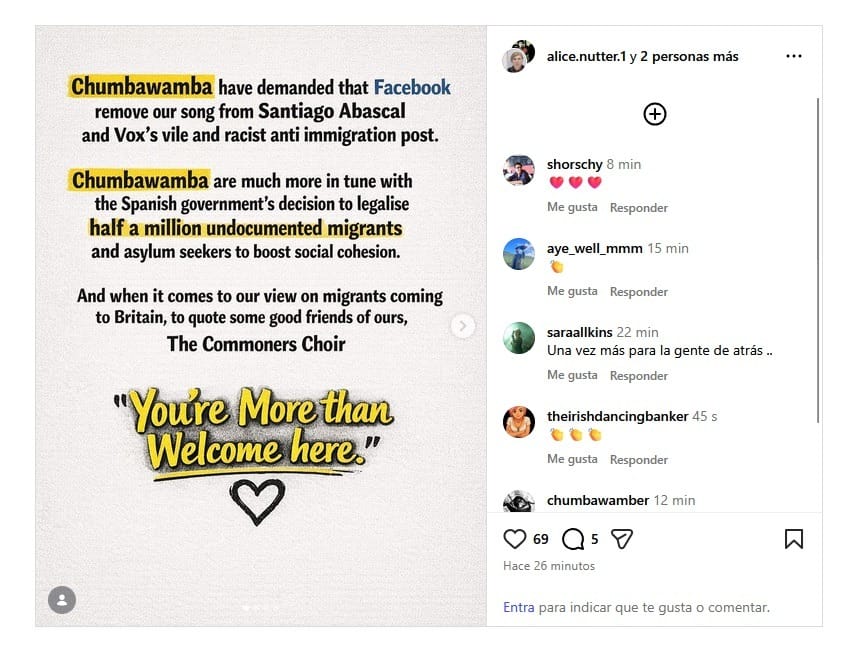 Publicación que critica la postura de Vox sobre la inmigración, apoyando la legalización de migrantes en España, con la frase 'Eres más que bienvenido aquí' de The Commoners Choir.
